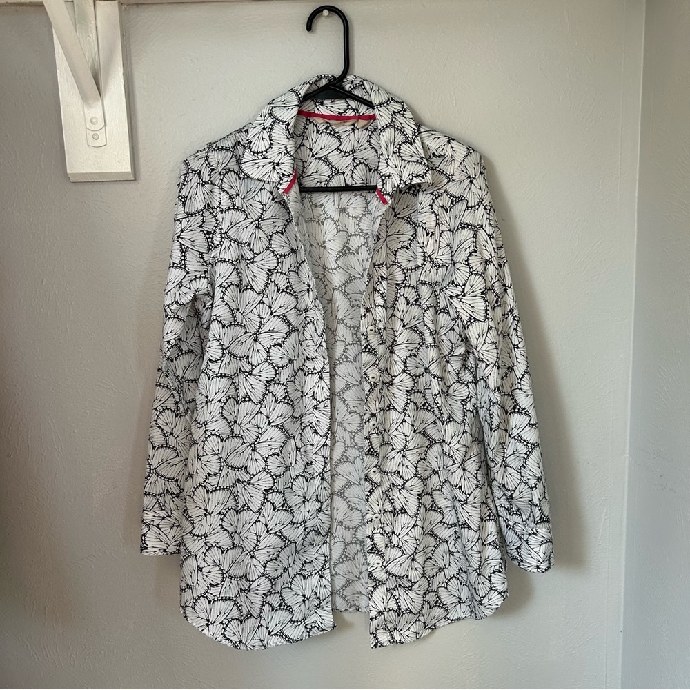 Soft Surroundings Button Up Womens small White Butterfly Print cotton blouse top